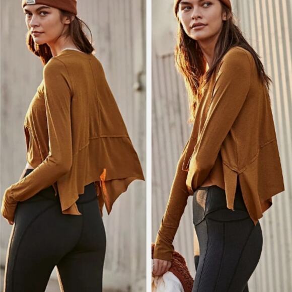 Free People Tops - FP Movement Mustard Brown Tempo Long Sleeve Top Thumbholes Oversized Stretch XS